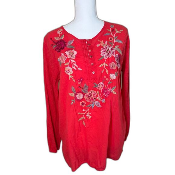 Johnny Was Tops - Johnny Was Sonya Floral Embroidered Popover Blouse, Size Large